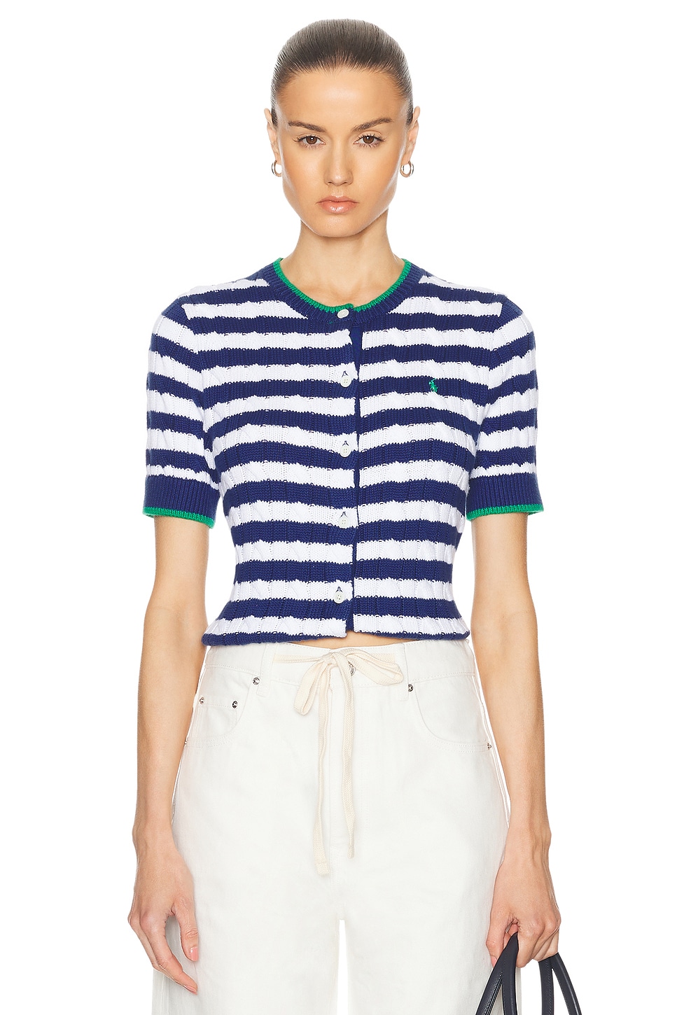 Image 1 of Polo Ralph Lauren Short Sleeve Striped Cardigan in Blue Yacht & White