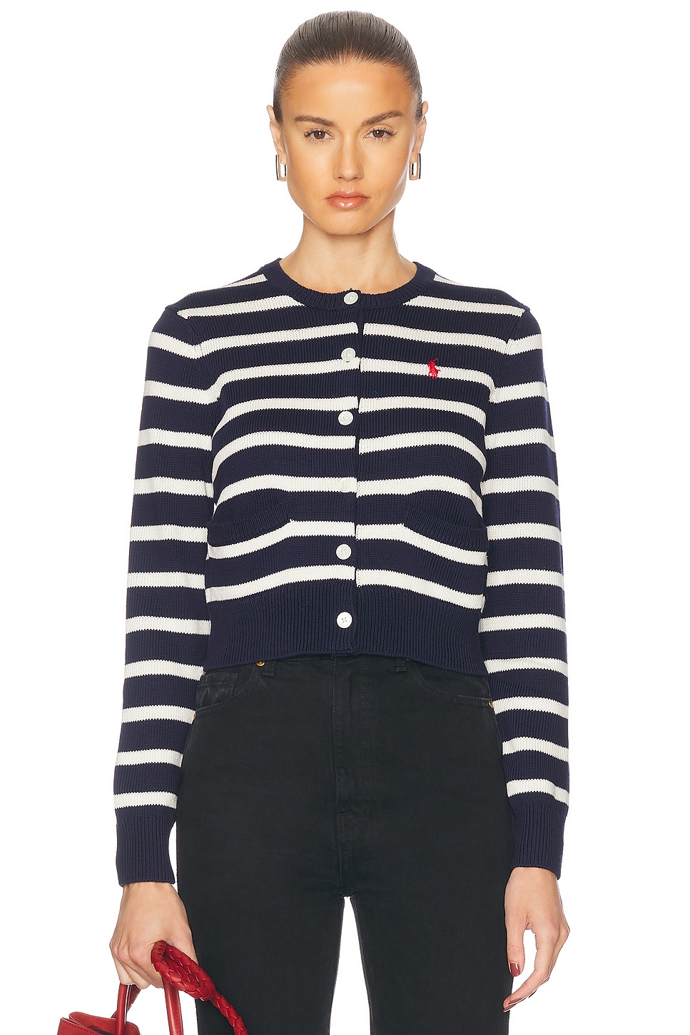 Image 1 of Polo Ralph Lauren Striped Cotton Crewneck Cardigan in Navy & White Multi