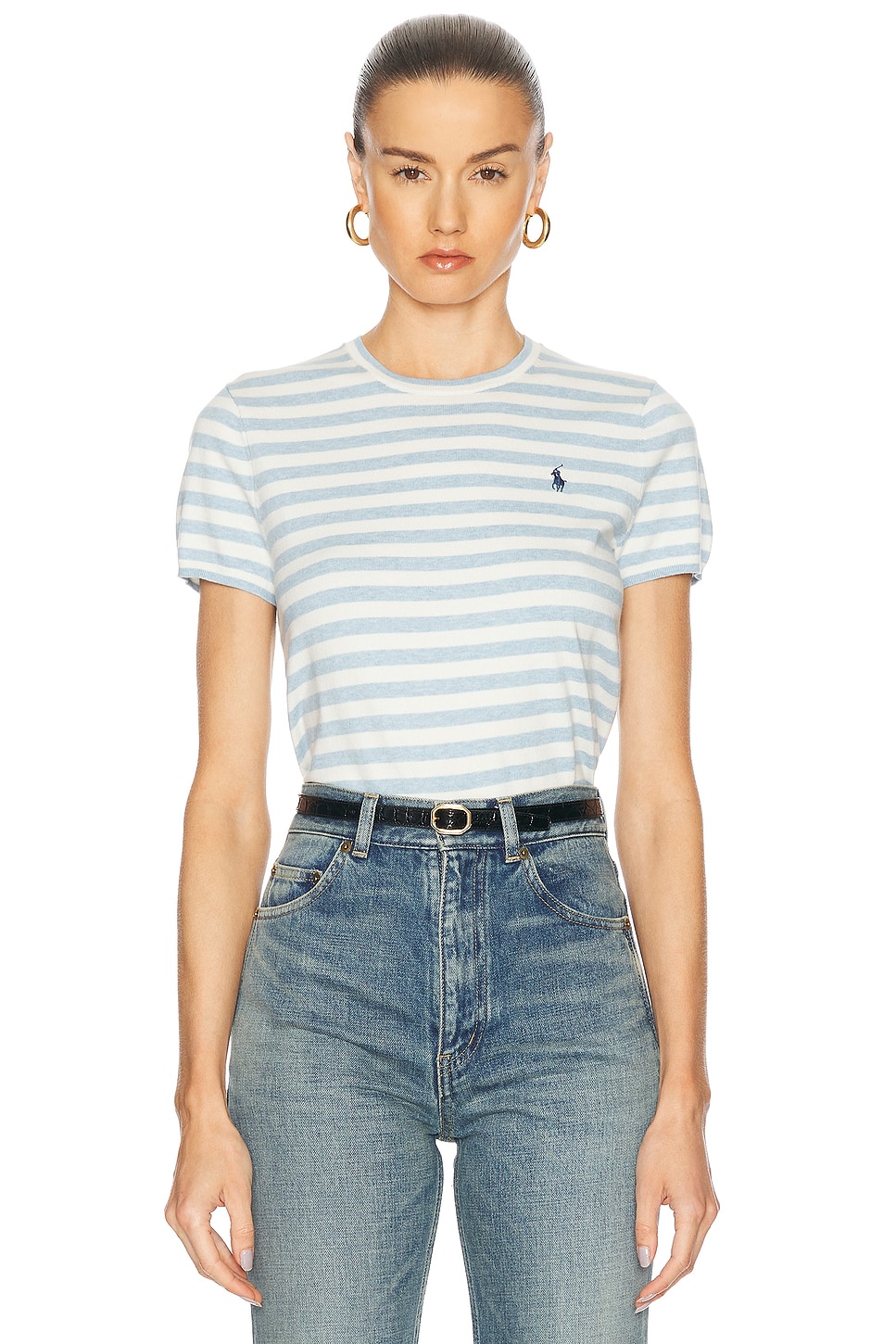 Image 1 of Polo Ralph Lauren Short Sleeve Crew Neck Sweater in Pond Blue Heather & Deckwash White