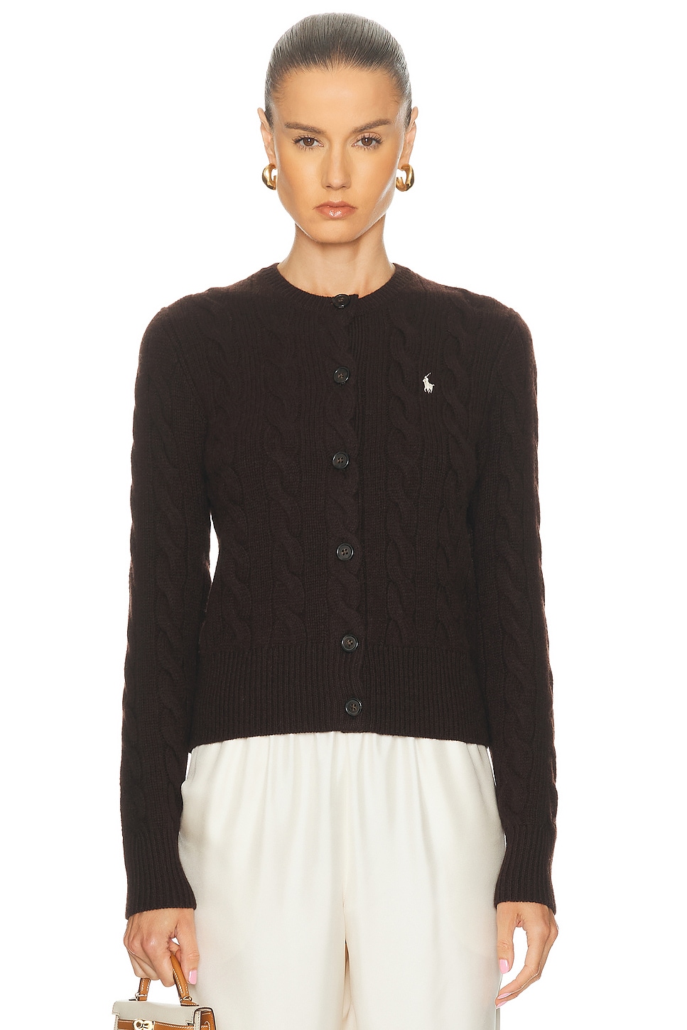Image 1 of Polo Ralph Lauren Crewneck Cardigan in Walnut Brown Melange