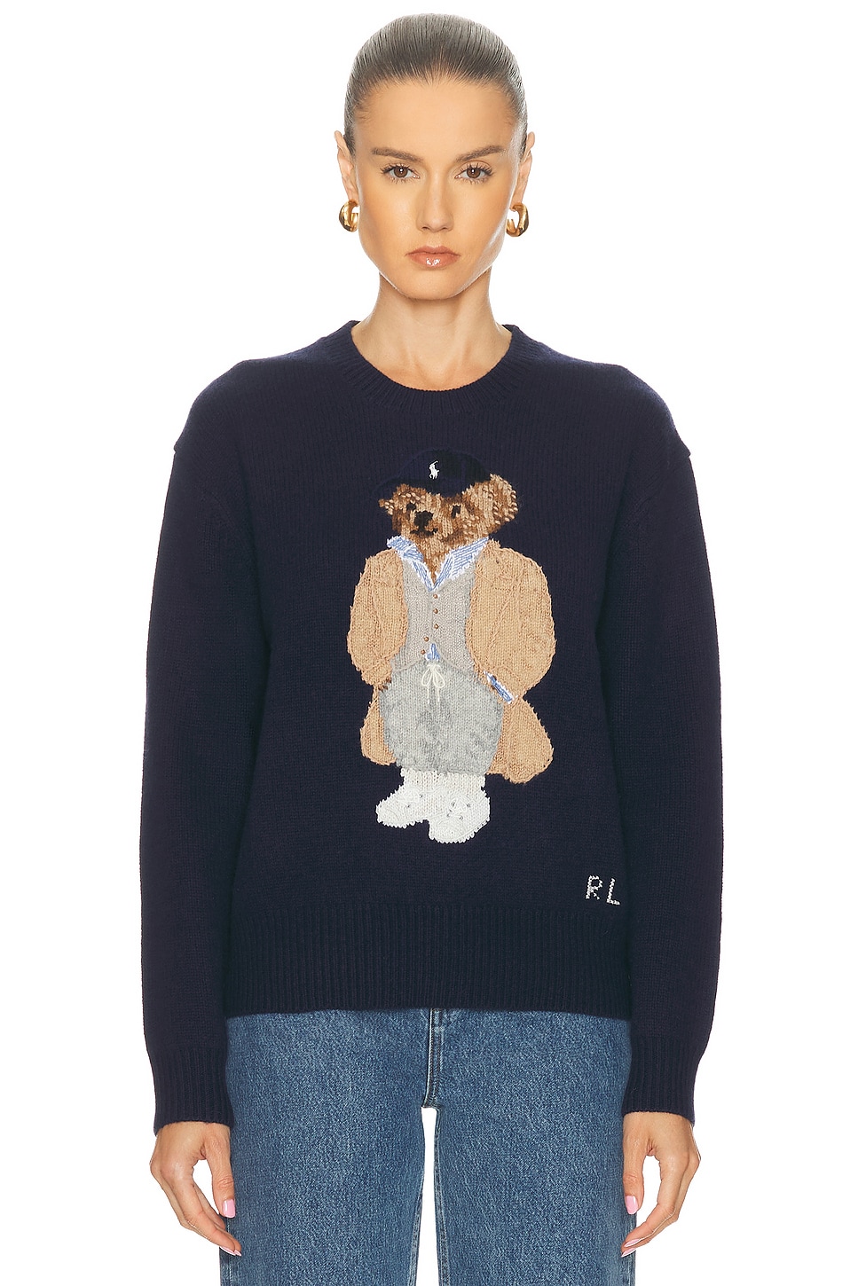 Polo Ralph Lauren Blue Crewneck Sweater With Maxi Logo Bear On The Front In Wool And Cashmere Woman In Blue