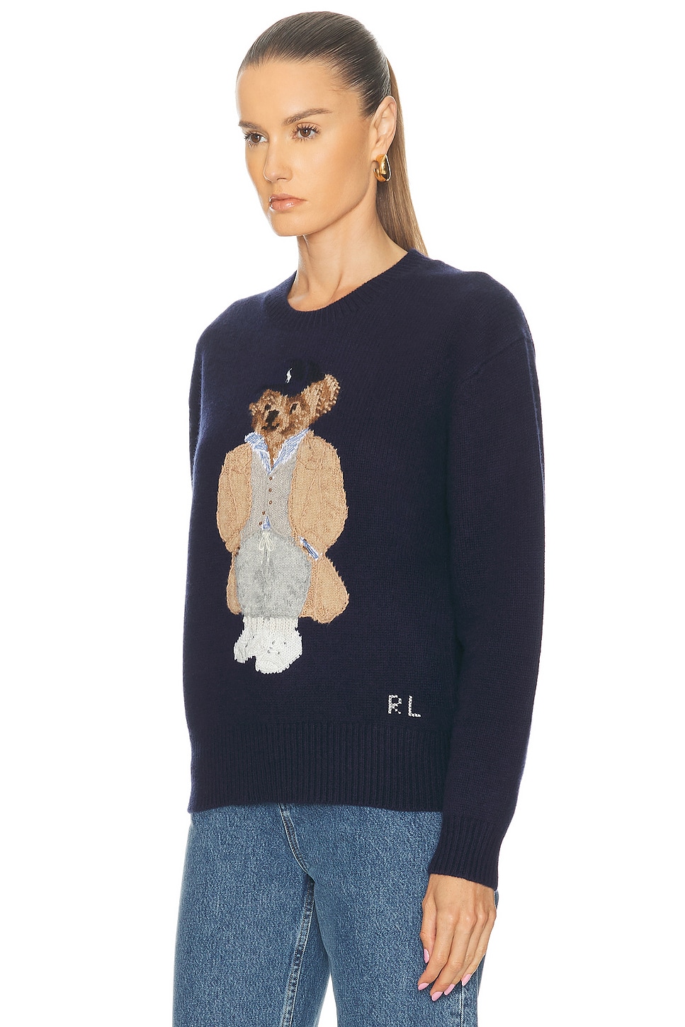 Polo Ralph Lauren Blue Crewneck Sweater With Maxi Logo Bear On The Front In Wool And Cashmere Woman In Blue