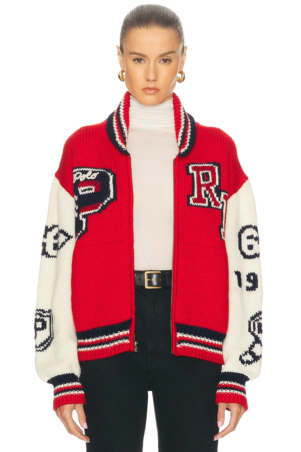 Image 1 of Polo Ralph Lauren Varsity Zip Up Sweater in Red Multi