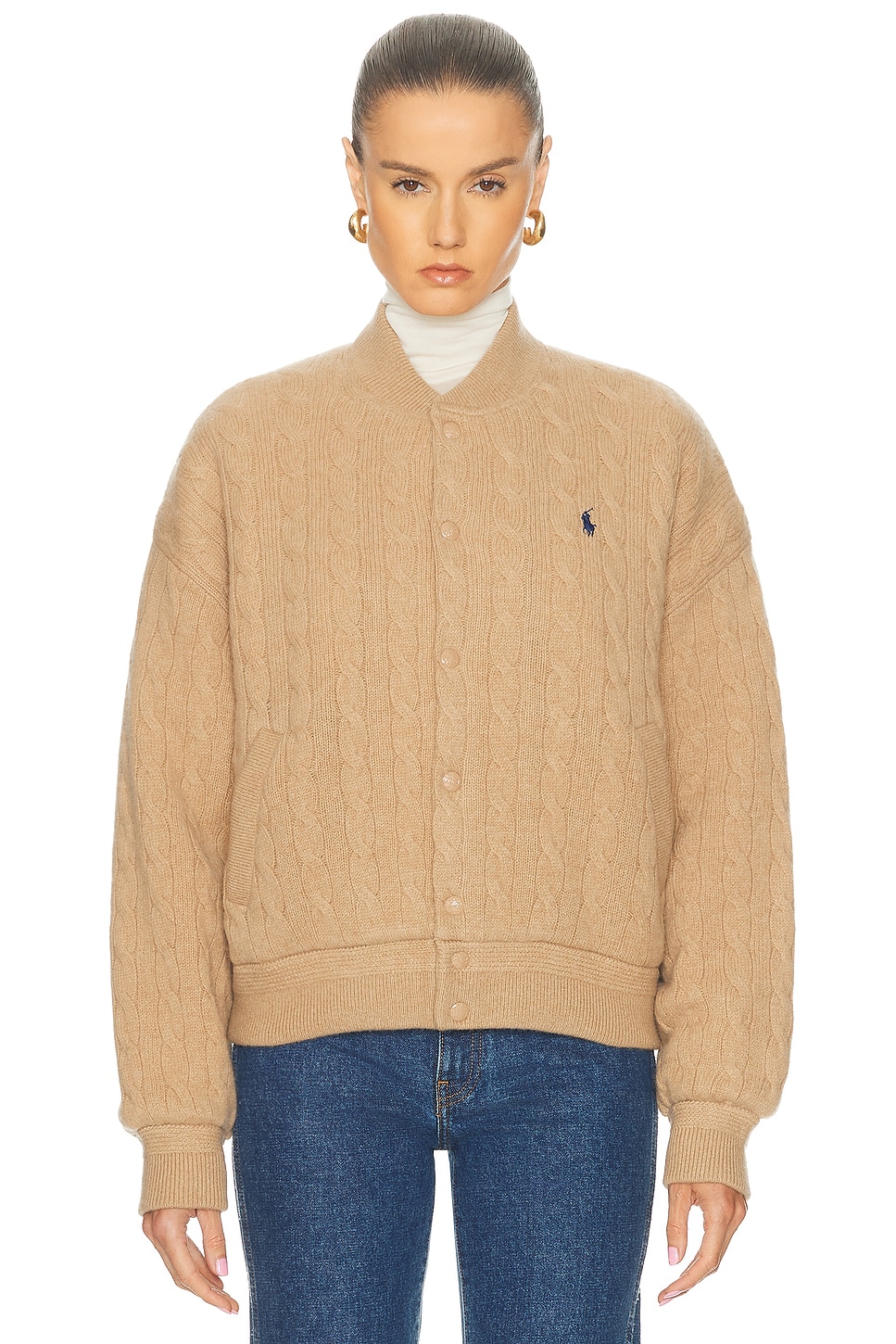 Polo Ralph Lauren Cable Knit Wool Cashmere Bomber Jacket In Brown