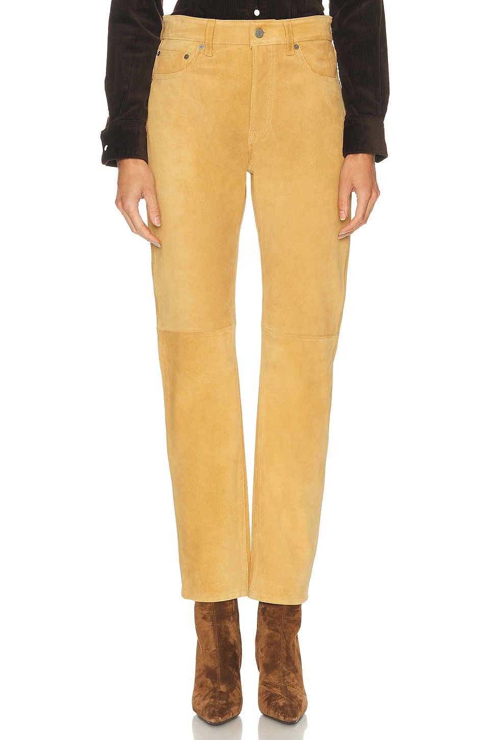 Image 1 of Polo Ralph Lauren Suede Straight Leg Pant in Gold Dust