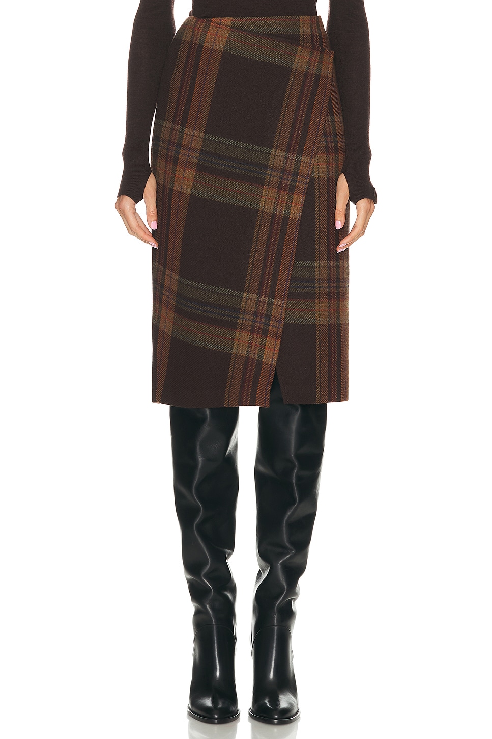 Image 1 of Polo Ralph Lauren Herringbone Midi Skirt in 1926 Brown Plaid Multi