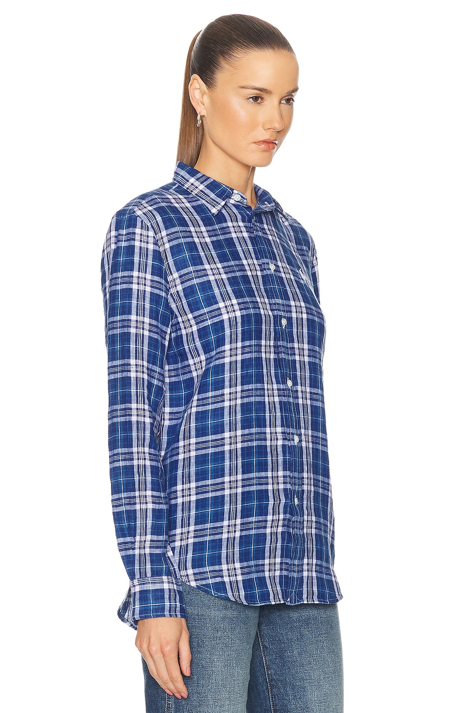 Shop Polo Ralph Lauren Long Sleeve Button Up Plaid Top In Blue  Navy  & White