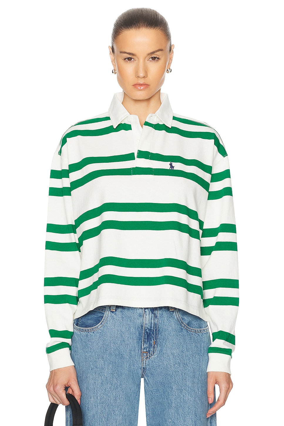 Image 1 of Polo Ralph Lauren Long Sleeve Rugby Top in Deckwash White & Hillside Green