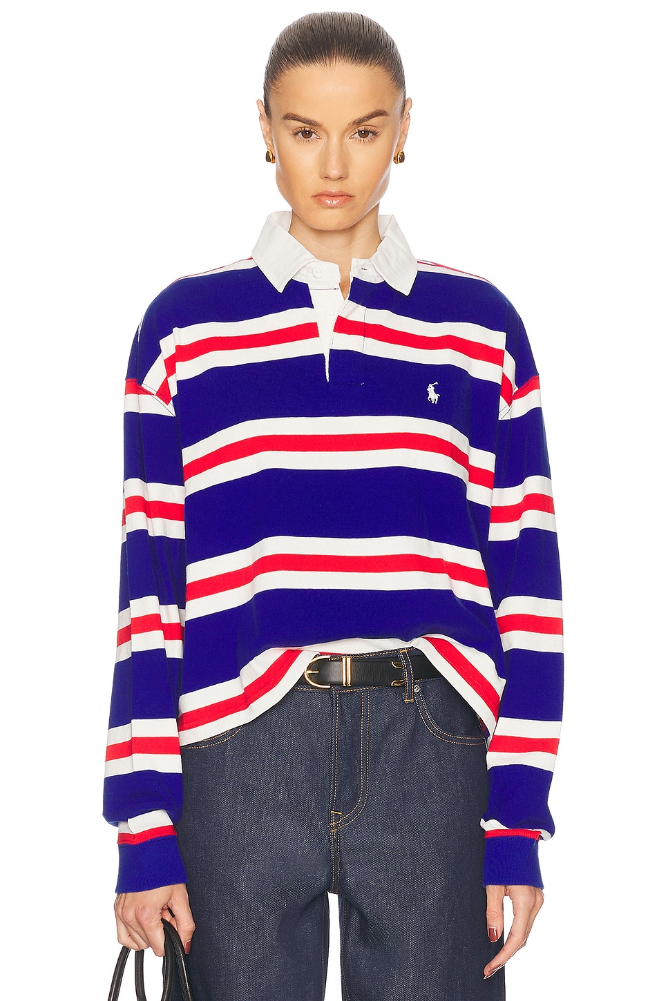 Polo Ralph Lauren Striped Cropped Jersey Rugby Shirt In Pandr Rd Dckwsh Wht & Active Ryl