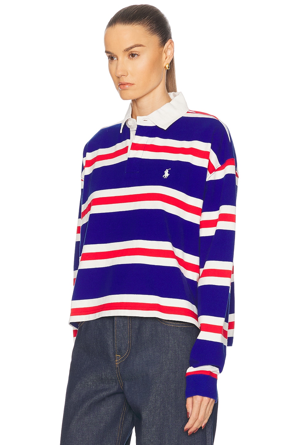 Polo Ralph Lauren Striped Cropped Jersey Rugby Shirt In Pandr Rd Dckwsh Wht & Active Ryl
