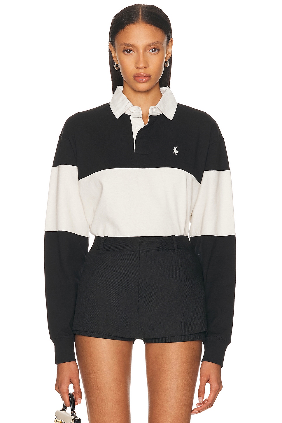 Image 1 of Polo Ralph Lauren Long Sleeve Polo Top in Black & Deckwash White