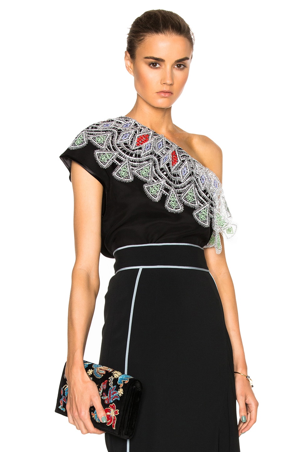 Image 1 of Peter Pilotto Satin One Shoulder Lace Top in Black
