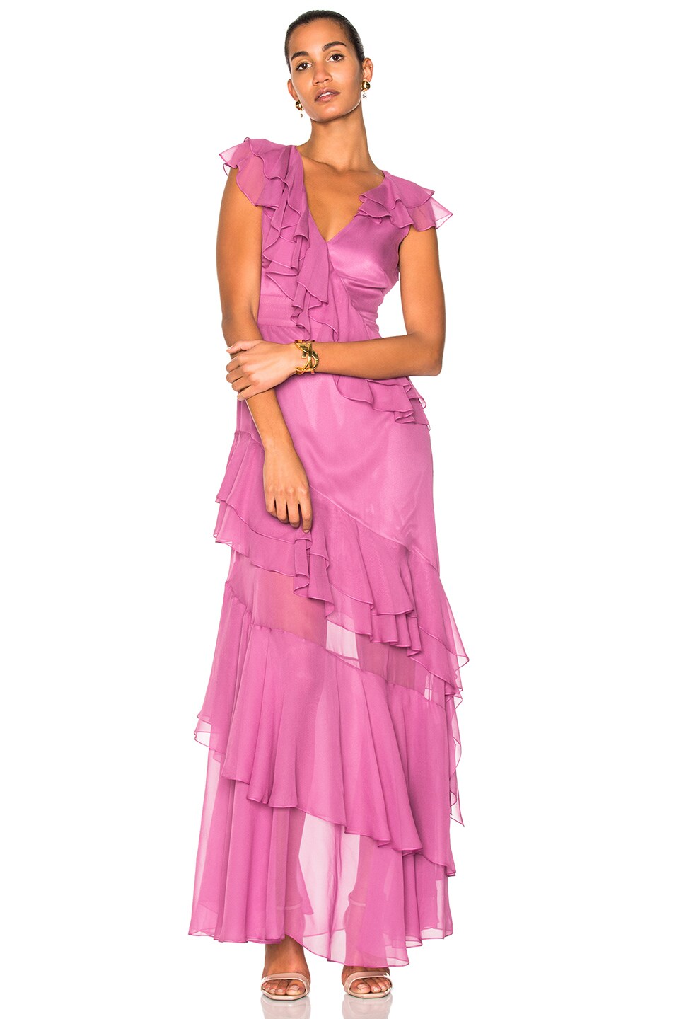 Image 1 of Prabal Gurung Short Sleeve Tiered Ruffle Gown in Magnolia