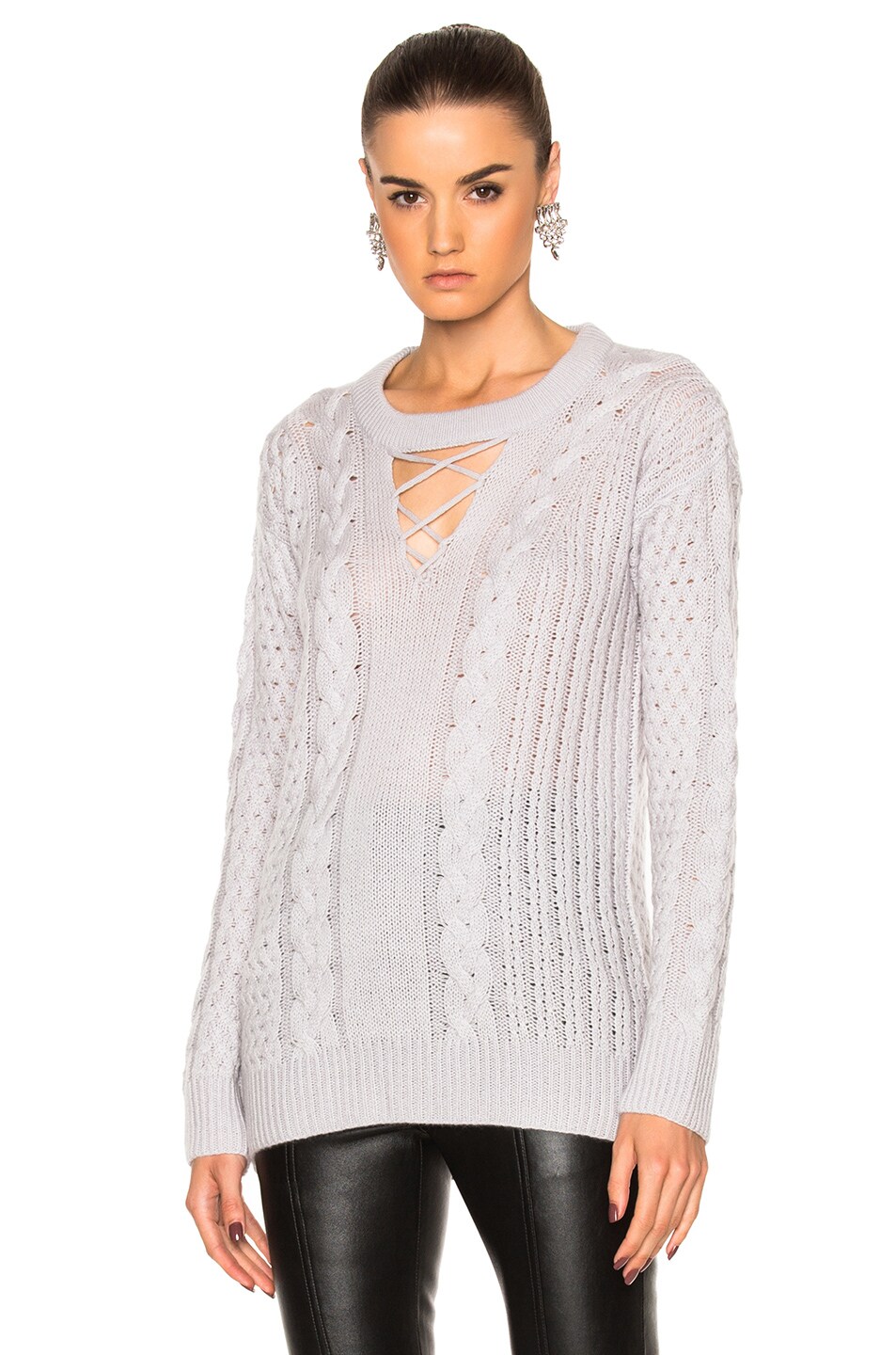 Image 1 of Prabal Gurung Cashmere Silk Knit V-Neck Fisherman Pullover in Heather Gray