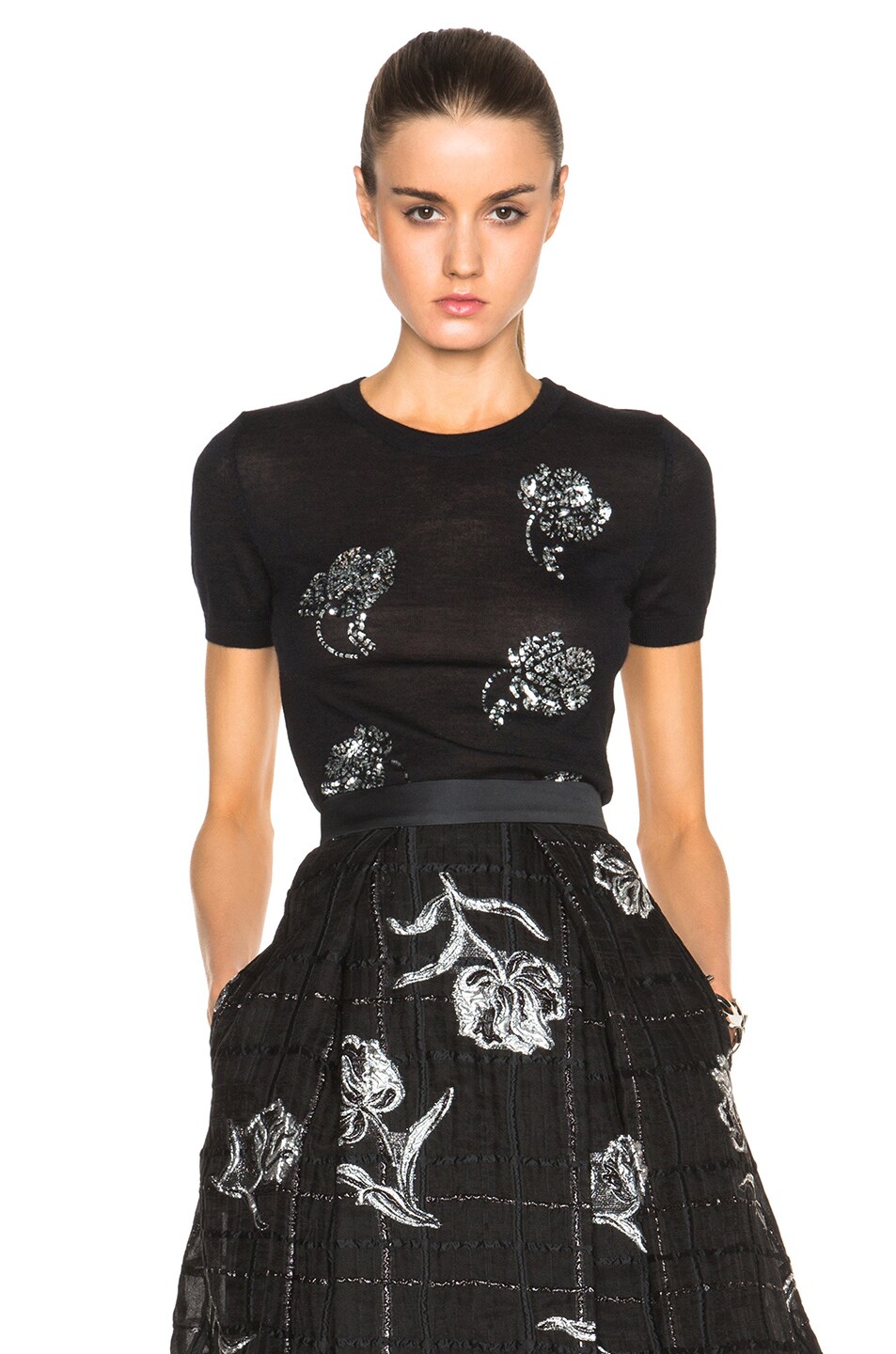 Image 1 of Prabal Gurung Nepalese Cashmere Top with Flower Embroidery in Black