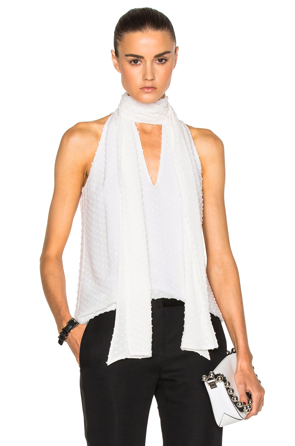 Image 1 of Prabal Gurung Cotton Silk Fil Coupe Tie Neck Blouse in Snow
