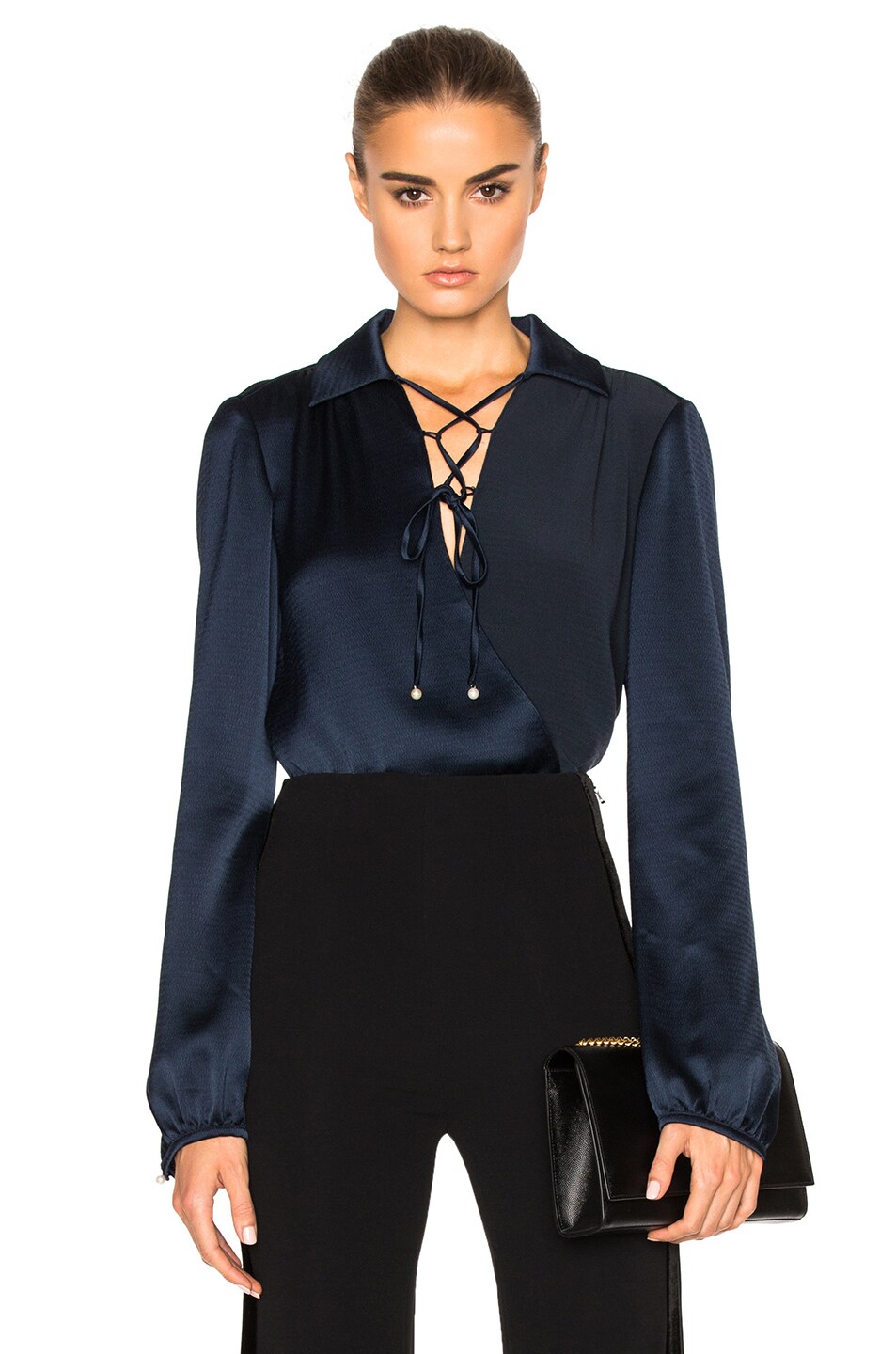 Image 1 of Prabal Gurung Crepe De Chine Wrap Front Blouse in Navy