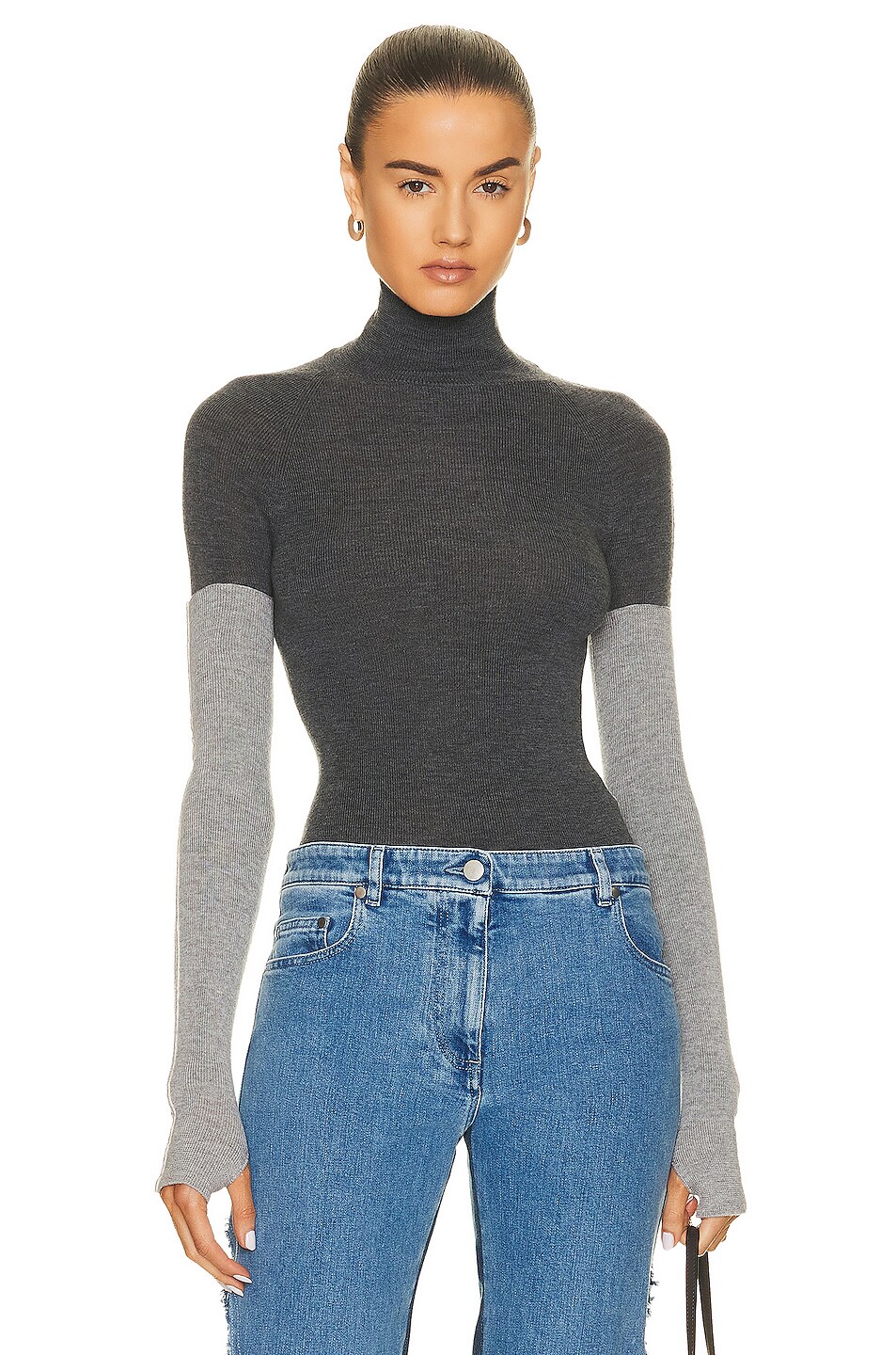 Image 1 of Peter Do Combo Sleeve Turtleneck Sweater in Cool Grey & Light Grey