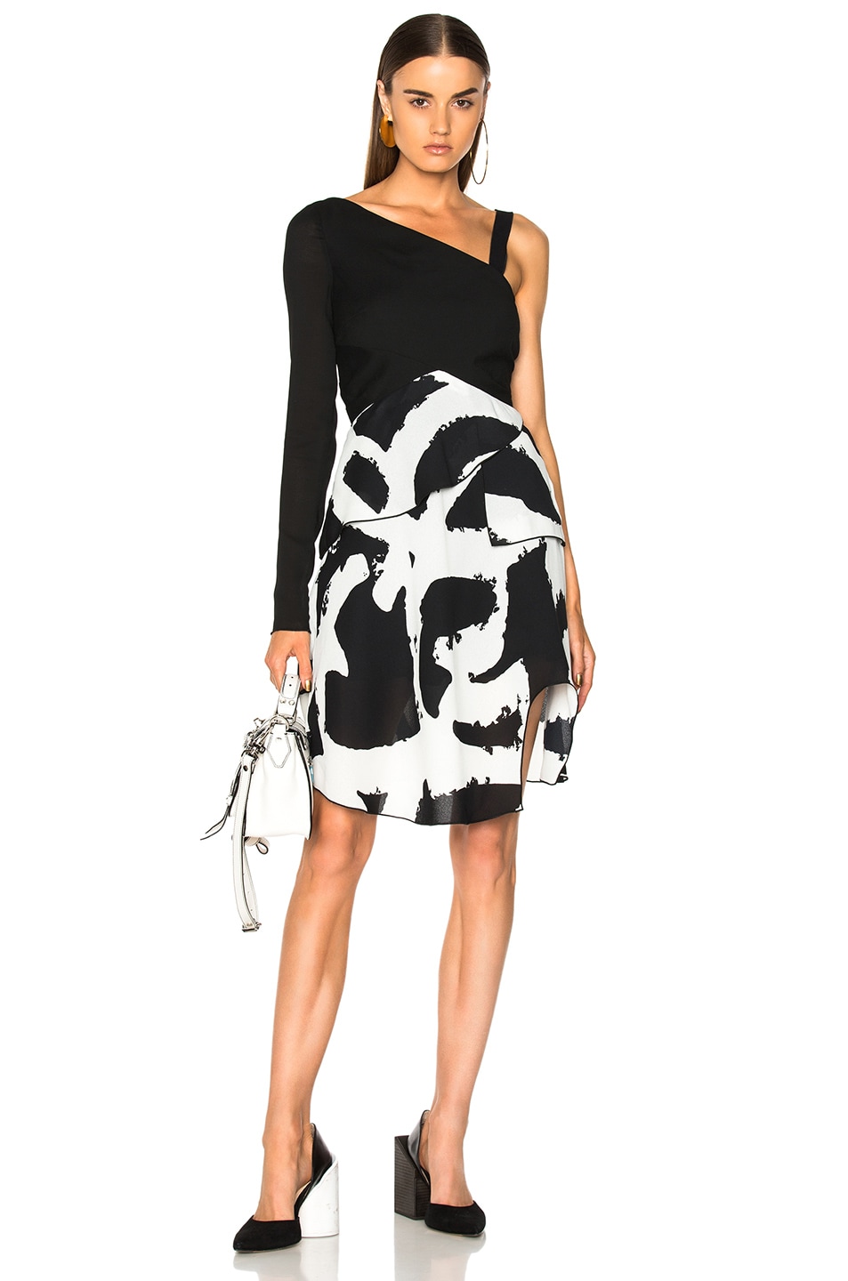 Image 1 of Proenza Schouler Pleated Printed Crepe One Sleeve Bandage Waist Dress in Black & White XL Graffiti