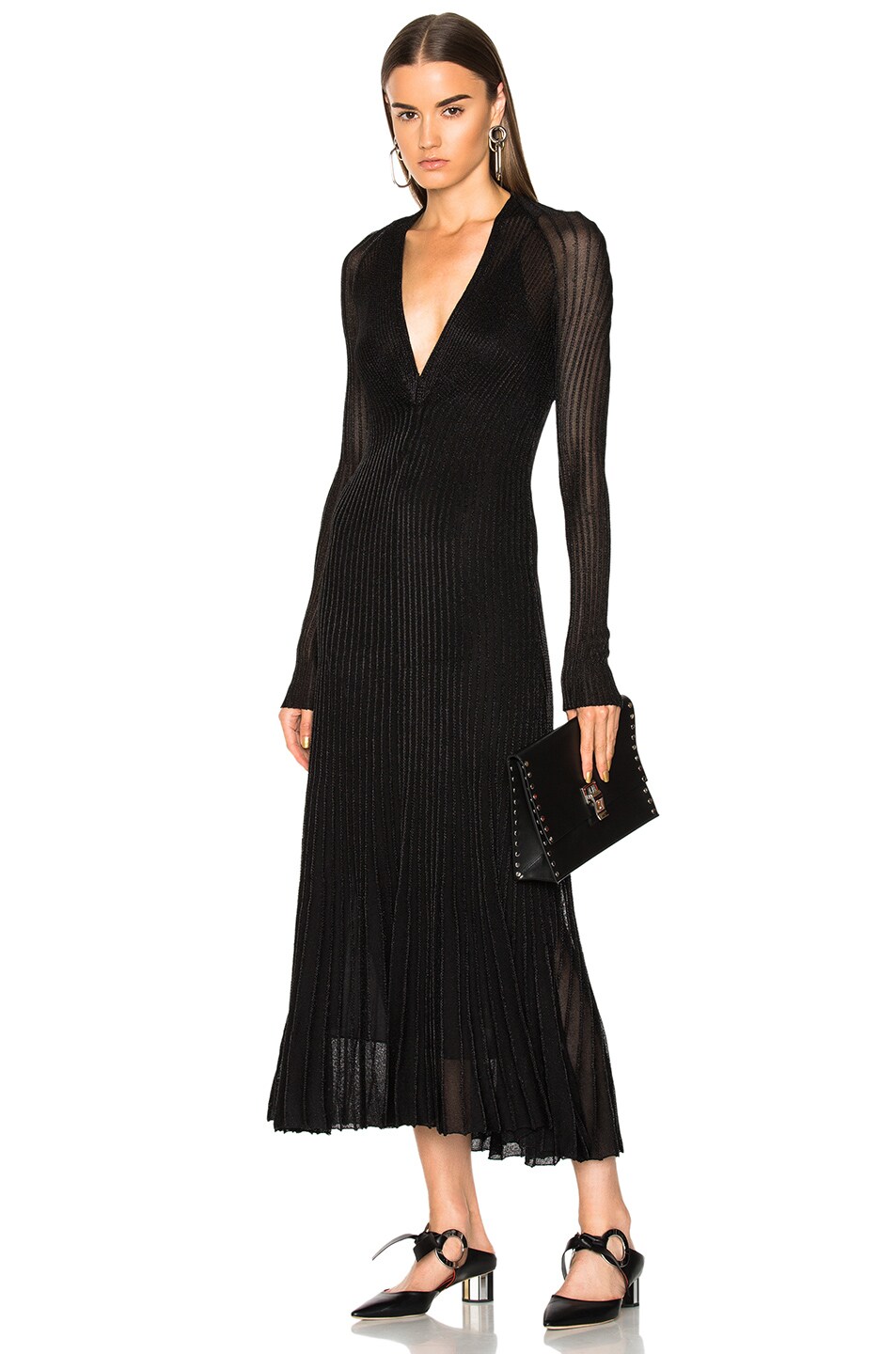 Image 1 of Proenza Schouler Metallic Rib Long Sleeve V-Neck Knit Dress in Metallic Black