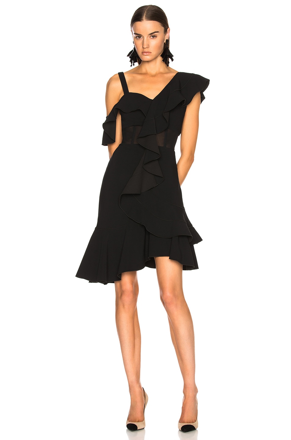 Image 1 of Proenza Schouler One Shoulder Ruffle Mini Dress in Black