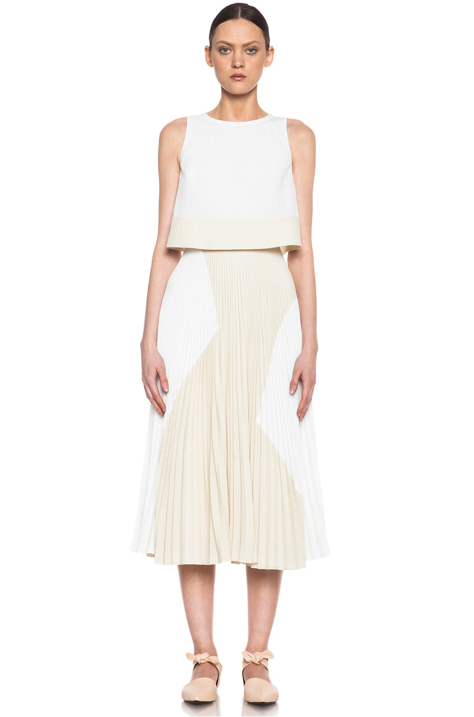 Proenza Schouler Pleated Poly Skirt Dress in White & Ecru | FWRD