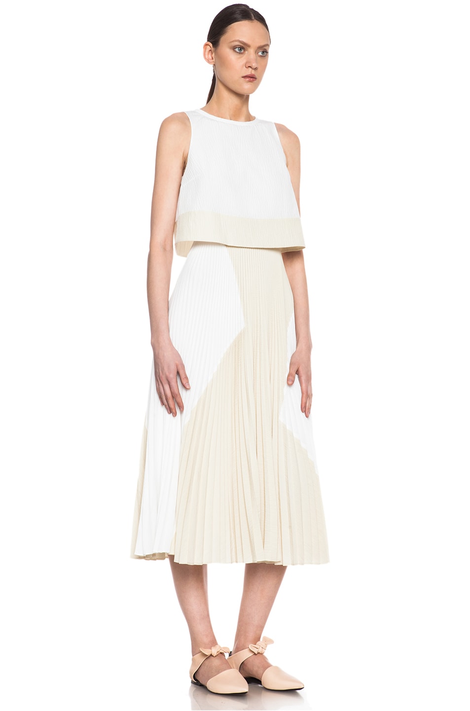 Proenza Schouler Pleated Poly Skirt Dress in White & Ecru | FWRD