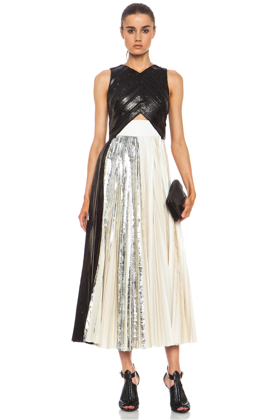 Proenza Schouler Foil Print Poly Pleated Dress in Black, Silver & White ...