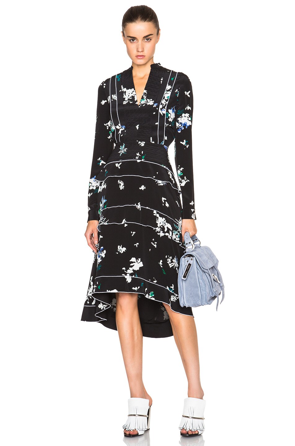 Image 1 of Proenza Schouler Floral Print Dress with Tiered Skirt in Black & Blue