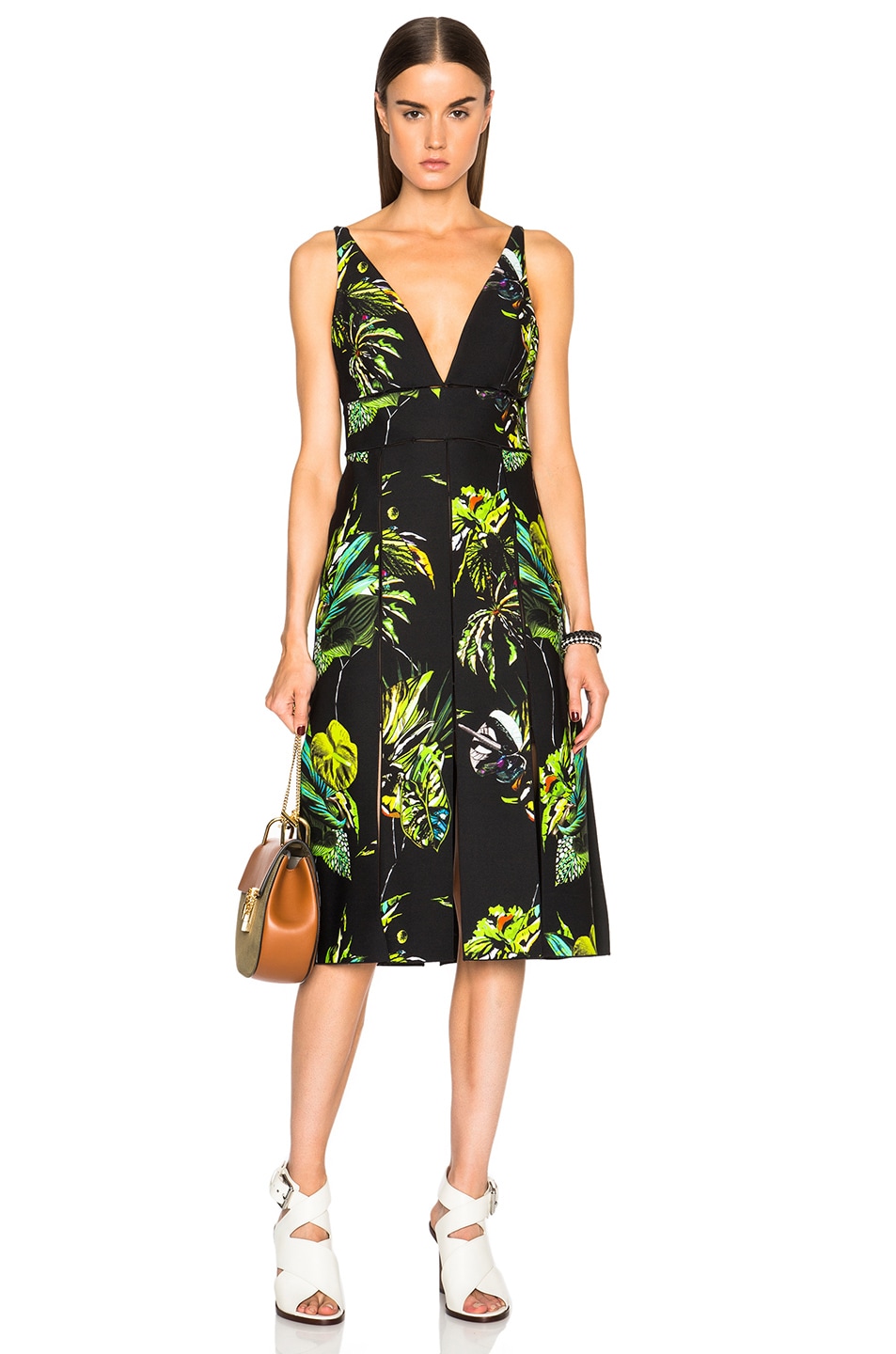 Image 1 of Proenza Schouler Printed Satin V Neck Long Dress with Slits in Black, Green & Chartreuse Floral Print