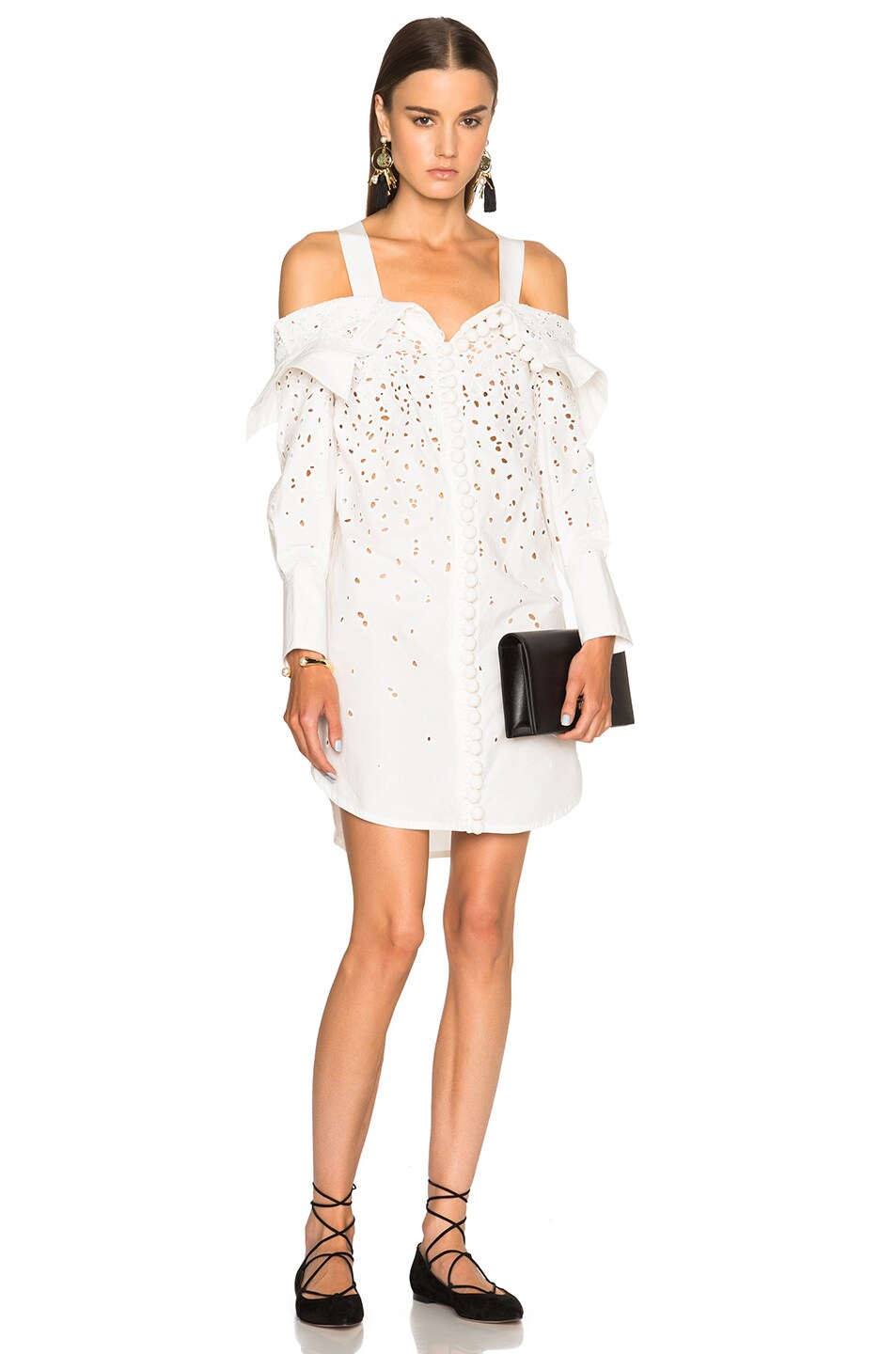 Image 1 of Proenza Schouler Cotton Poplin Embroidery Off Shoulder Dress in White