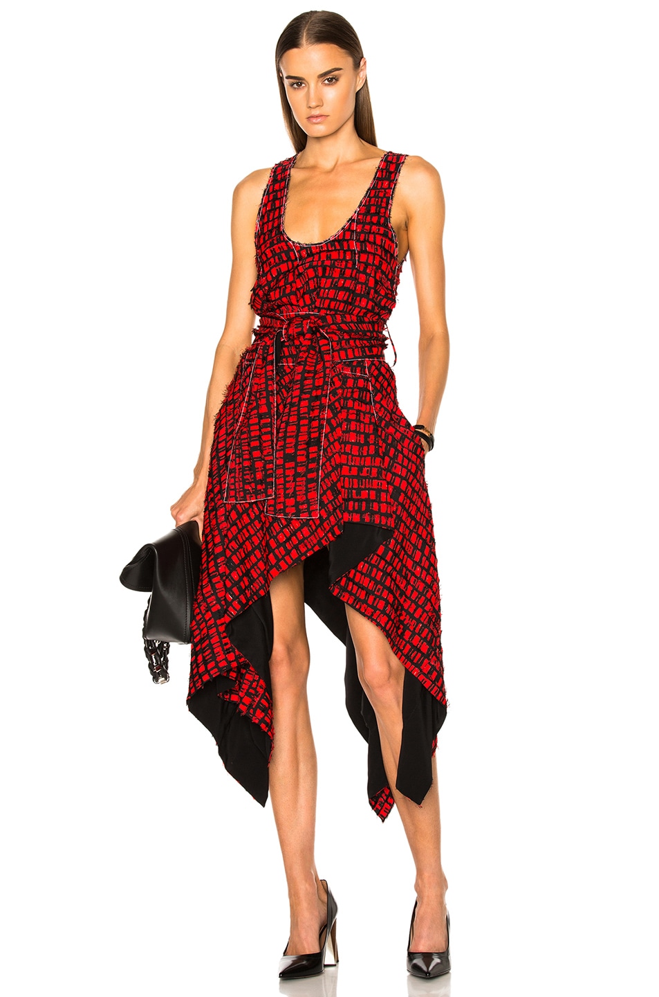 Image 1 of Proenza Schouler Printed Fil Coupe Waist Tie Dress in Black & Red Plaid