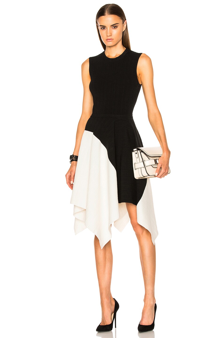 Image 1 of Proenza Schouler Silk Pleated Rib Waisted Dress in Black & Off White