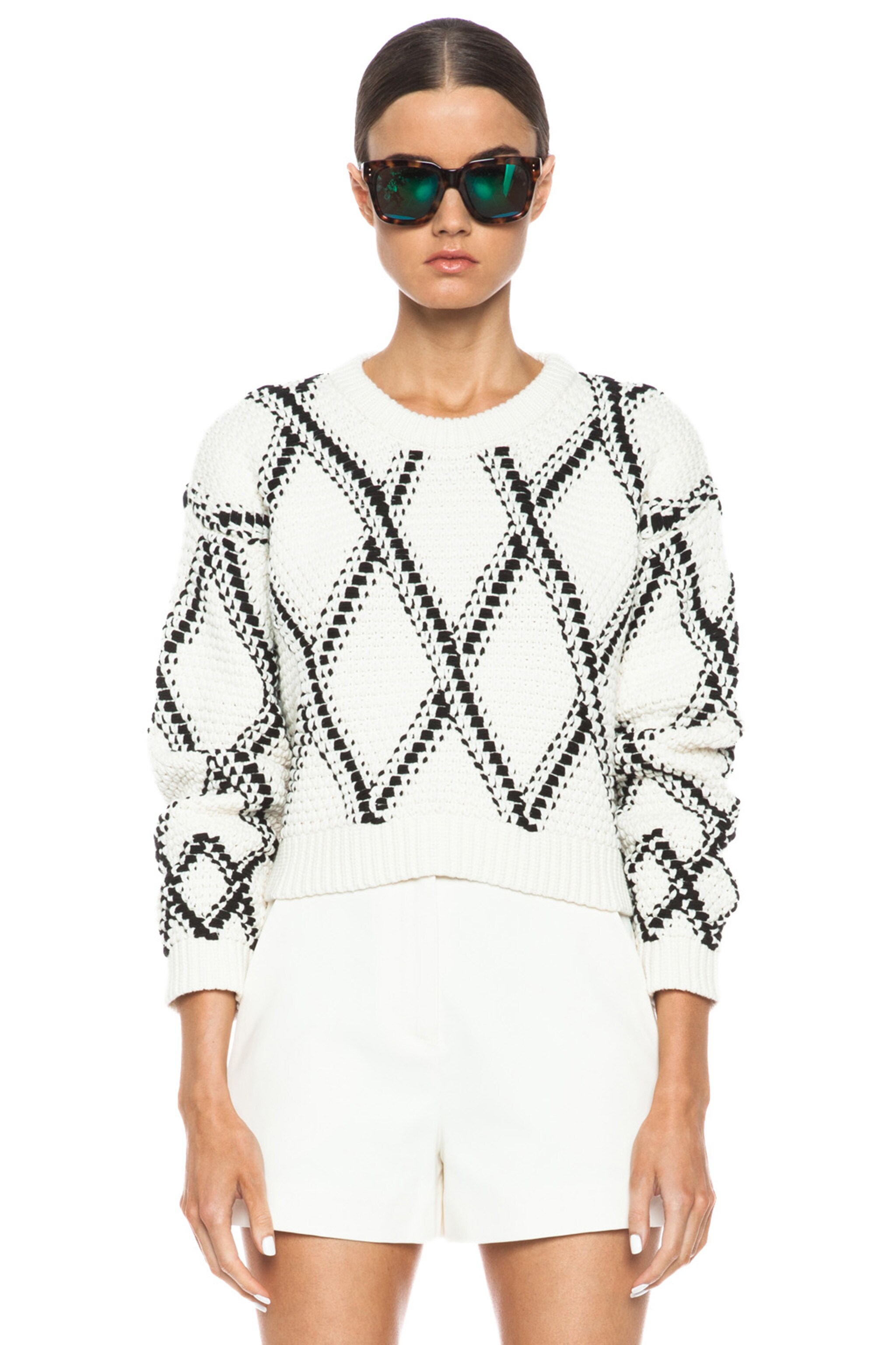 Image 1 of Proenza Schouler Handwoven Grid Cropped Knit Sweater in Off White & Black