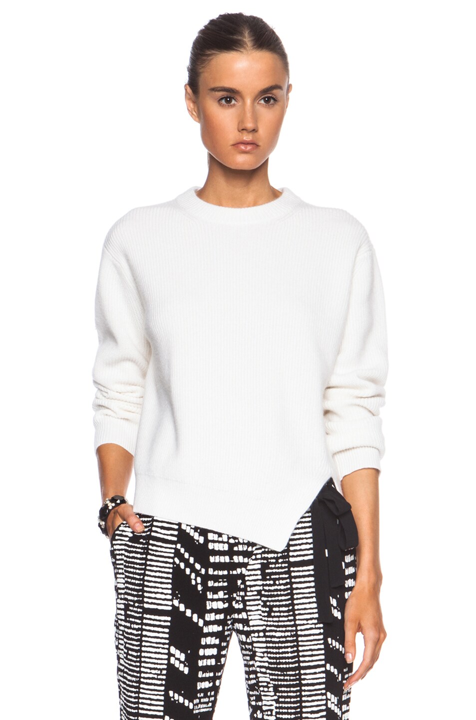 Image 1 of Proenza Schouler Crewneck Cotton-Blend Sweater with Asymmetric Hem in Off White