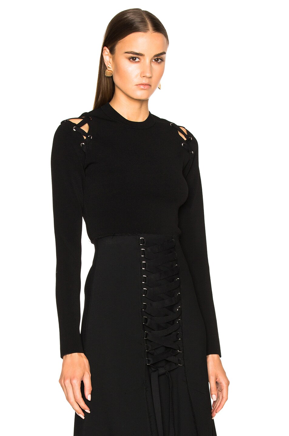 Image 1 of Proenza Schouler Matte Viscose Cropped Crewneck Sweater with Lacing in Black