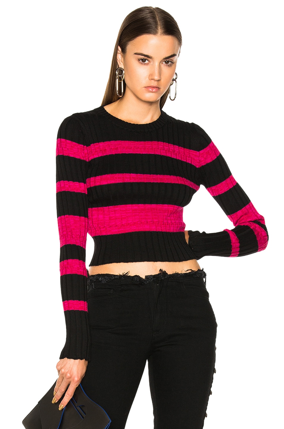 Image 1 of Proenza Schouler Ultrafine Striped Rib Long Sleeve Crewneck Sweater in Black & Electric Pink Multi