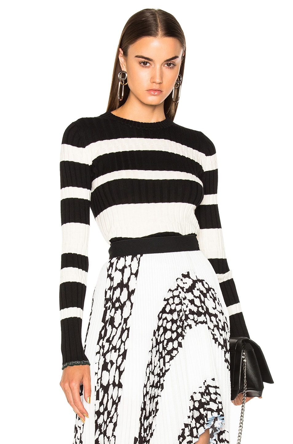 Image 1 of Proenza Schouler Ultrafine Striped Rib Long Sleeve Crewneck Sweater in Black & Off White