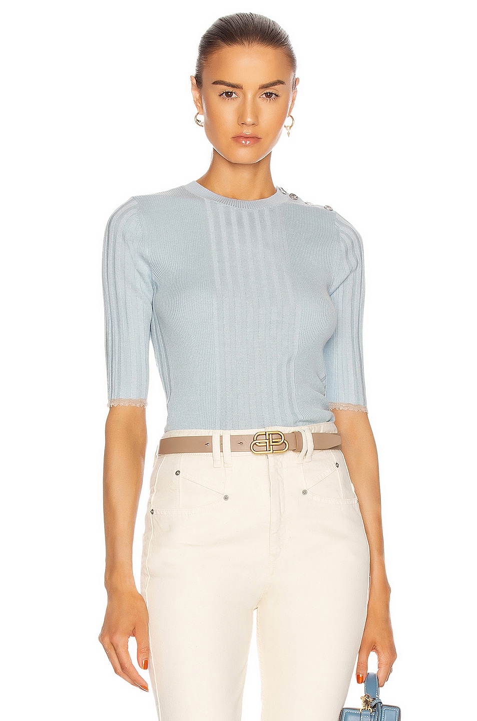 Proenza Schouler Short Sleeve Fitted Sweater in Light Blue | FWRD