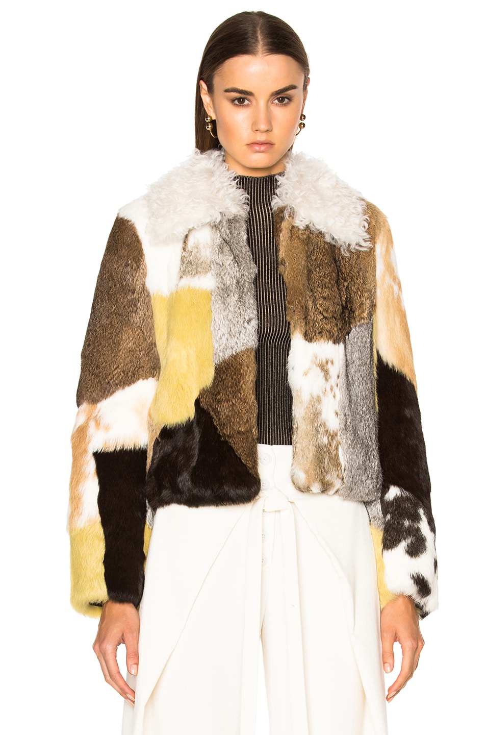 Image 1 of Proenza Schouler Rabbit Patchwork Fur Jacket in Natural, Light Grey & Pale Yellow