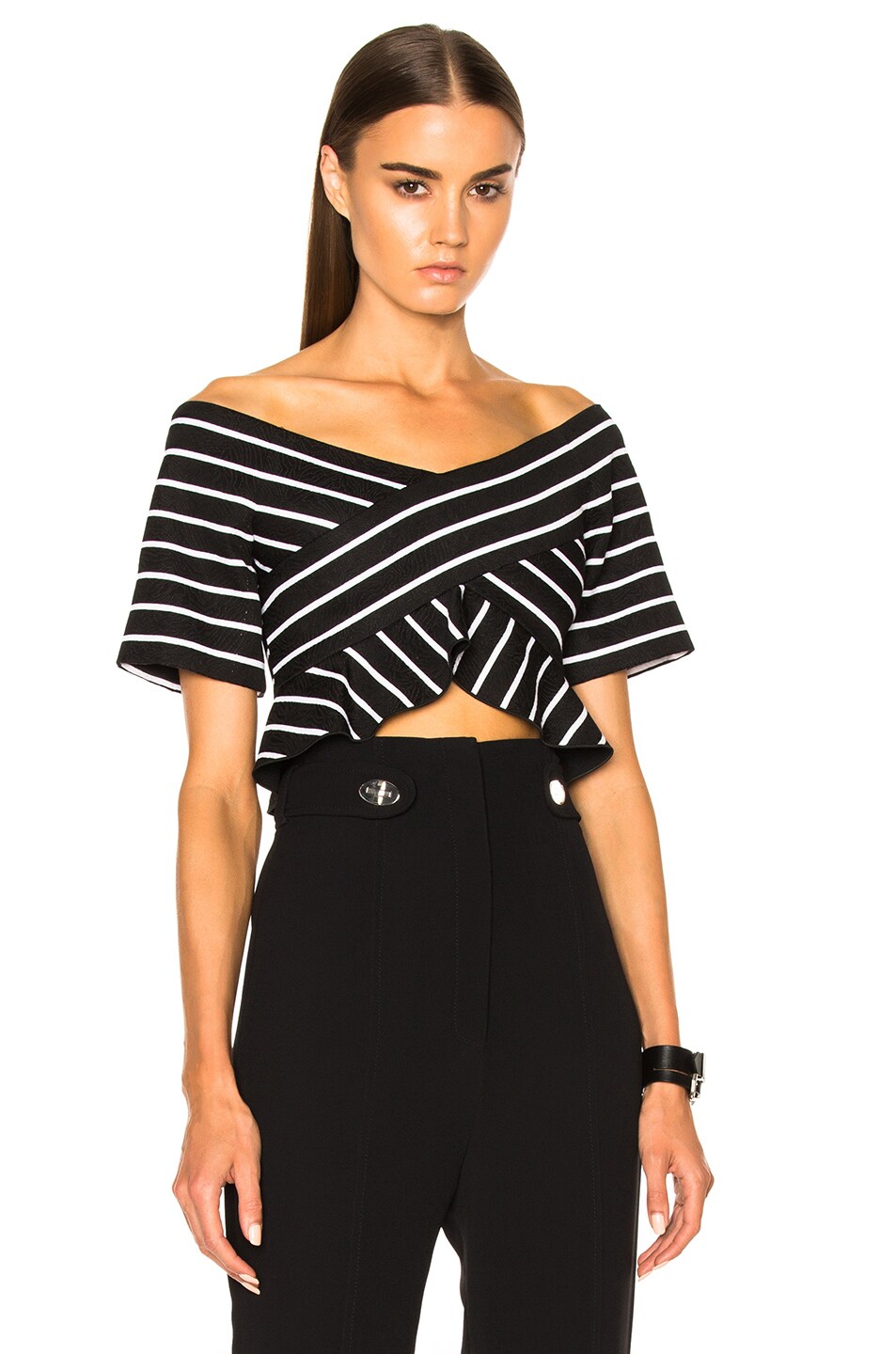 Image 1 of Proenza Schouler Stripe Jacquard Suiting Off The Shoulder Top in Black & White Stripe
