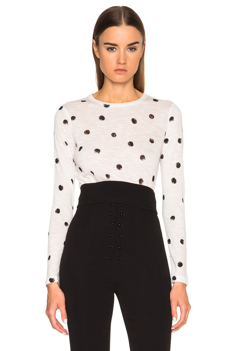 Image 1 of Proenza Schouler Printed Tissue Jersey Long Sleeve Tee in White & Black Dot Print