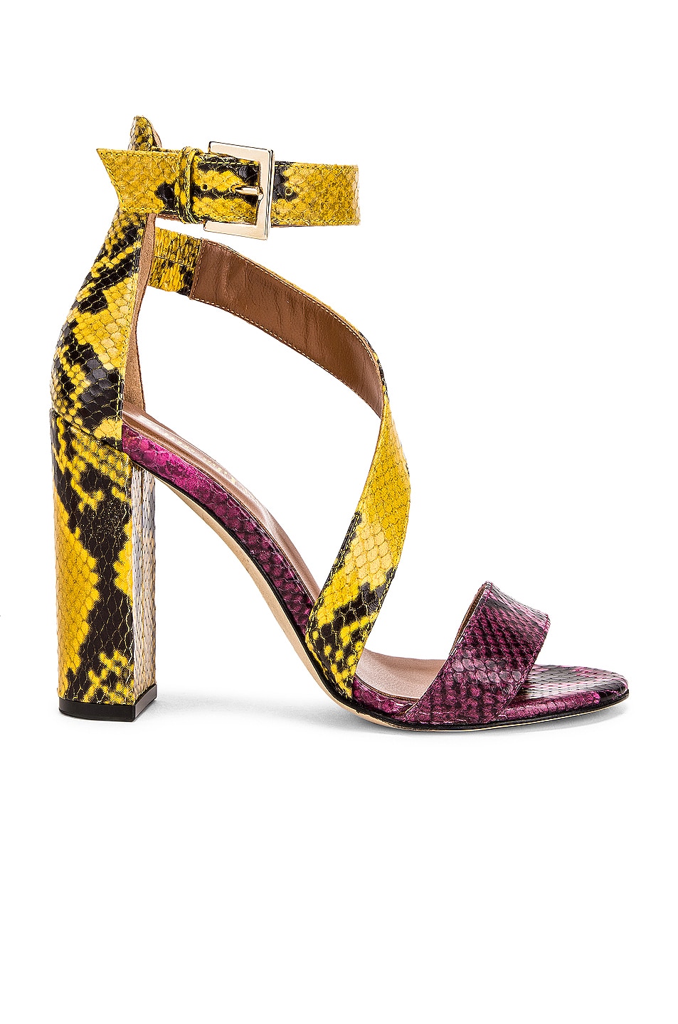 Image 1 of Paris Texas Diagonal Strap Snake 100 Sandal Heel in Fuchsia & Yellow