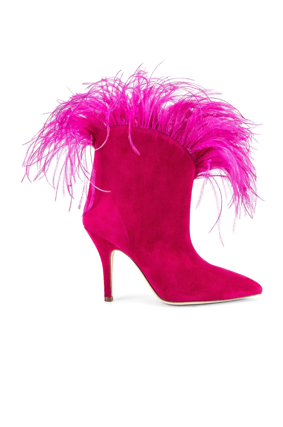 Image 1 of Paris Texas Suede Stiletto Ankle boot with Marabou Feathers in Fuchsia