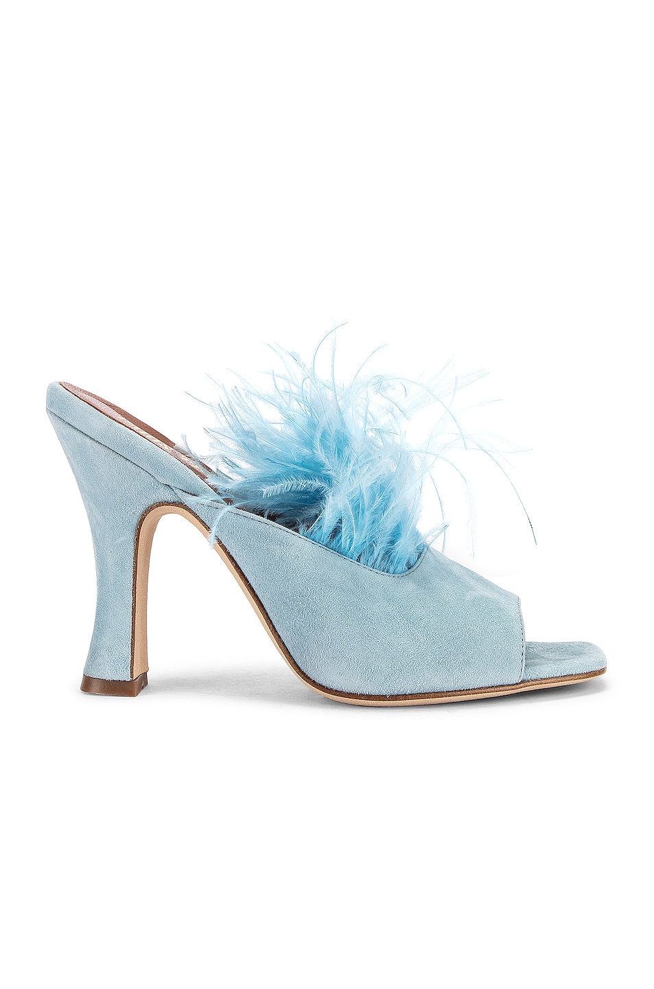 Image 1 of Paris Texas Suede Square Toe Mule with Marabou Feathers in Light Blue