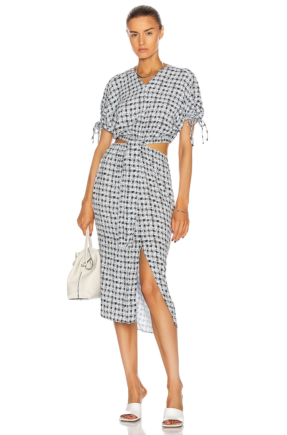 Image 1 of Proenza Schouler White Label Short Sleeve Cut Out Dress in Toast & Black Gingham