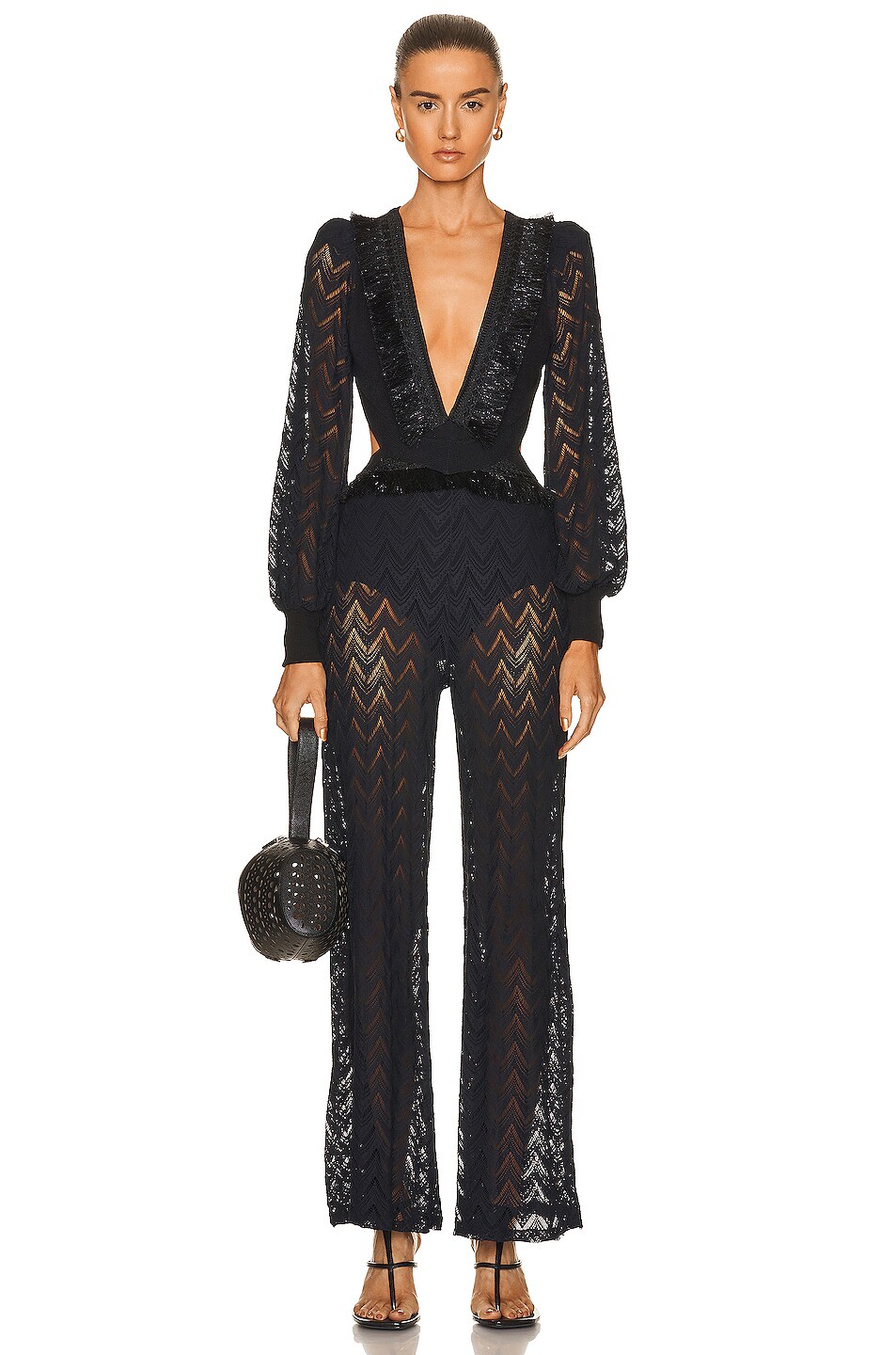 Image 1 of PatBO x Alessandra Ambrosio Fringe Cut Out Jumpsuit in Black