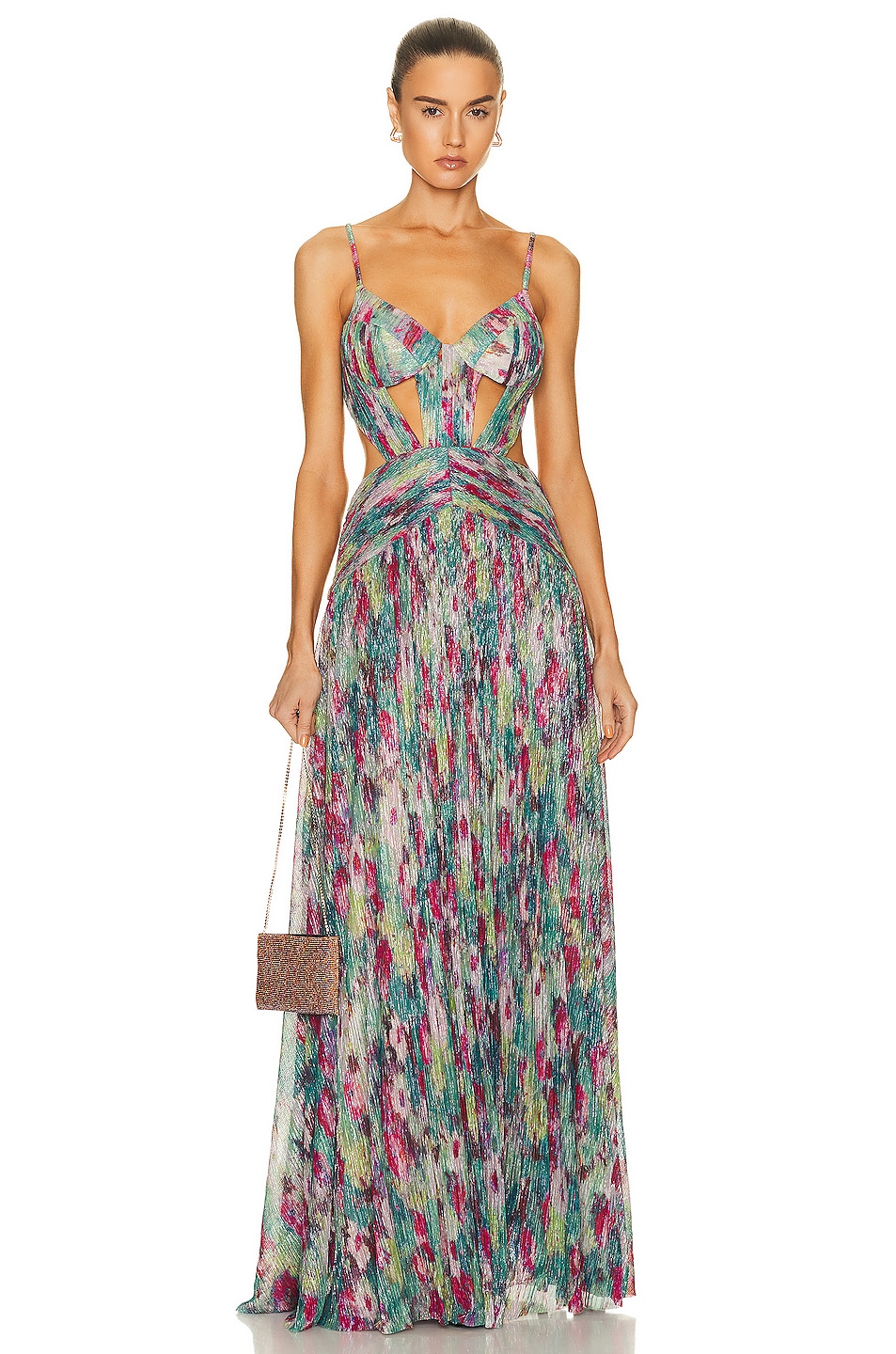 Image 1 of PatBO Printed Lurex Sleeveless Cut Out Gown in Green Multi