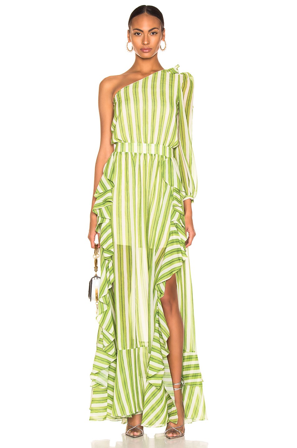 Image 1 of PatBO Striped One Shoulder Maxi Dress in Green & White