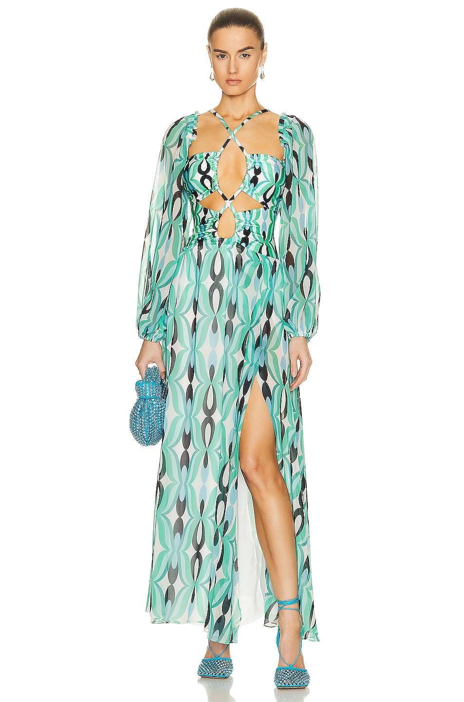 Image 1 of PatBO Wist Long Sleeve Lace Up Maxi Dress in Piscene Blue